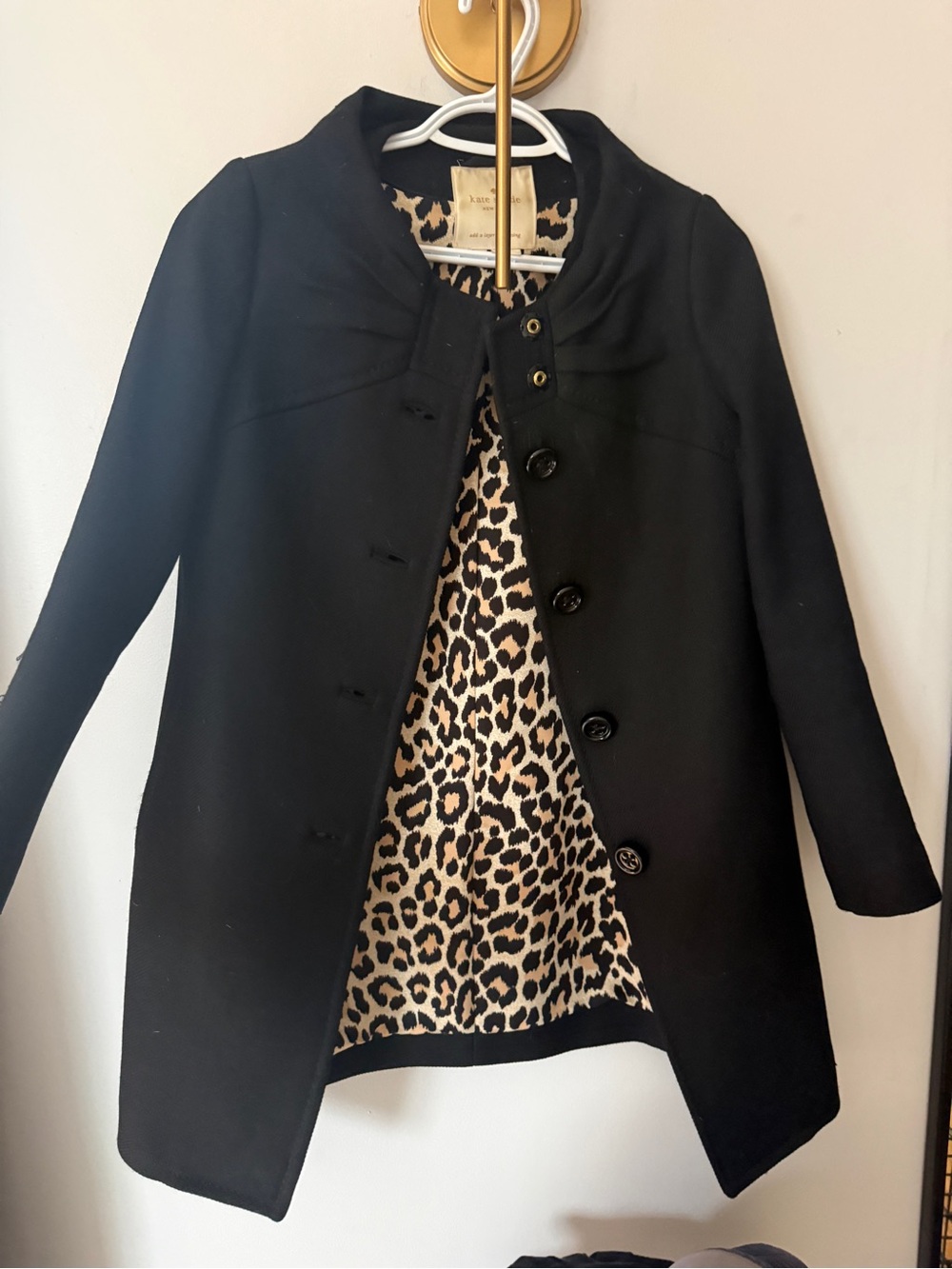 kate spade Black Wool Pea Coat with Leopard-Print Lining